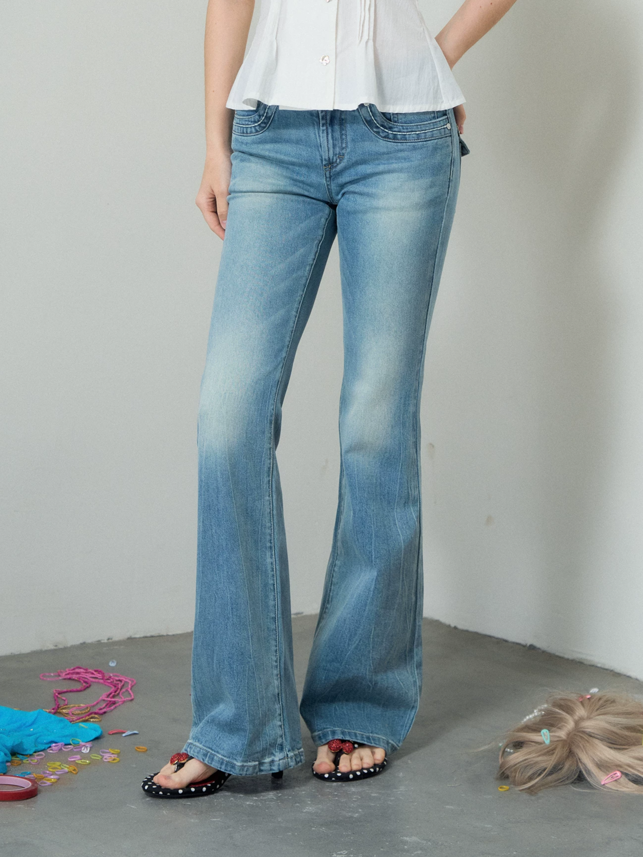 Washed Low-Rise Flare Jeans
