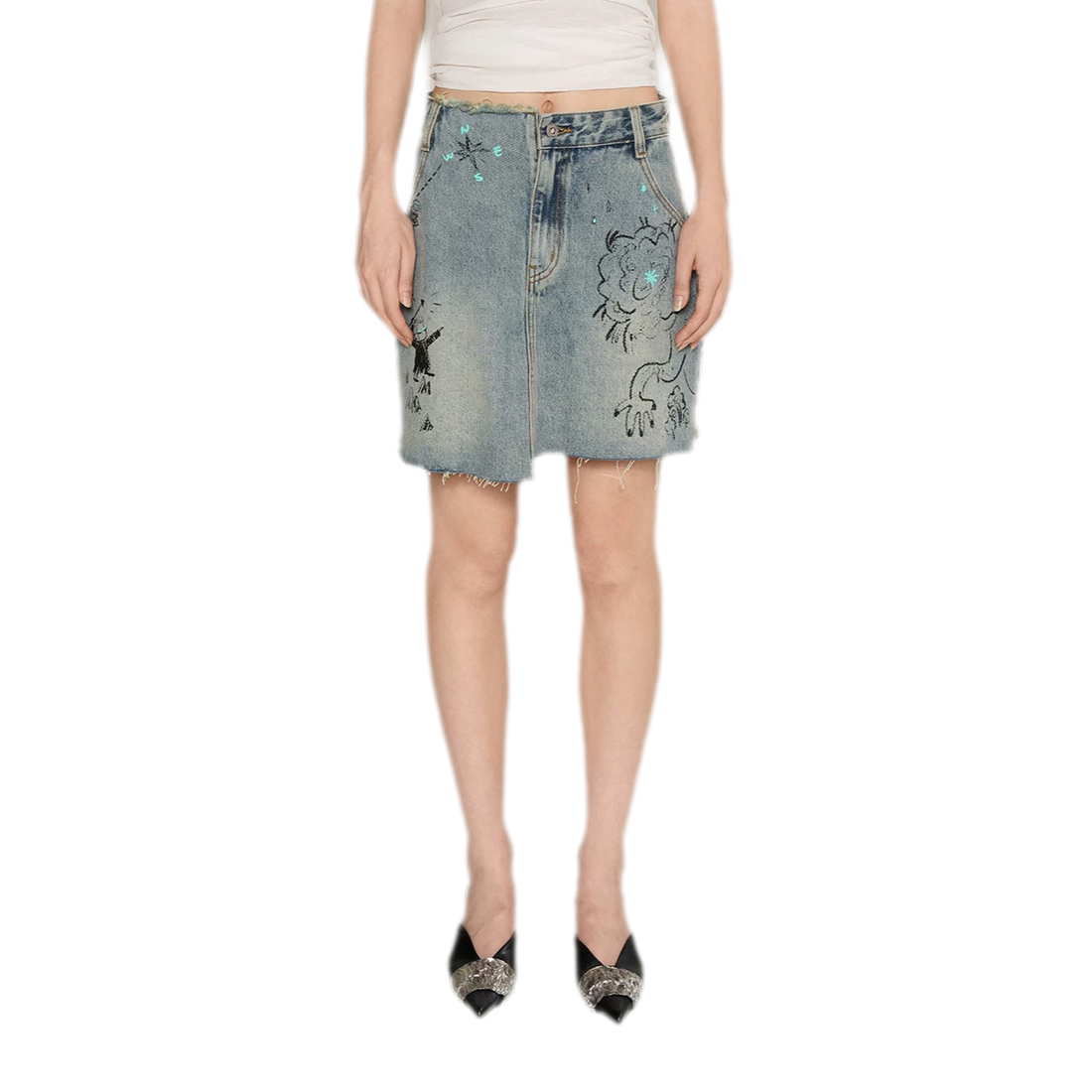 Washed Graffiti A-Line Denim Skirt