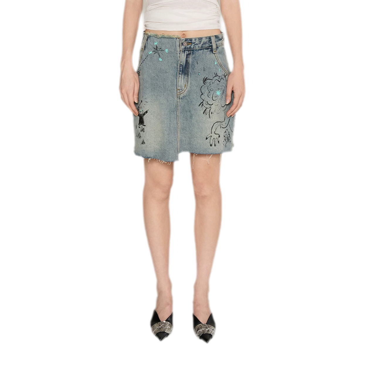 Washed Graffiti A-Line Denim Skirt