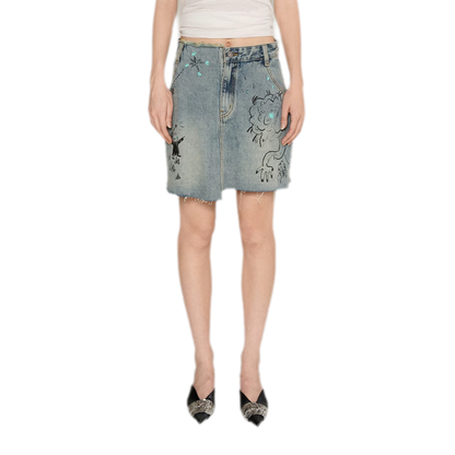 Washed Graffiti A-Line Denim Skirt