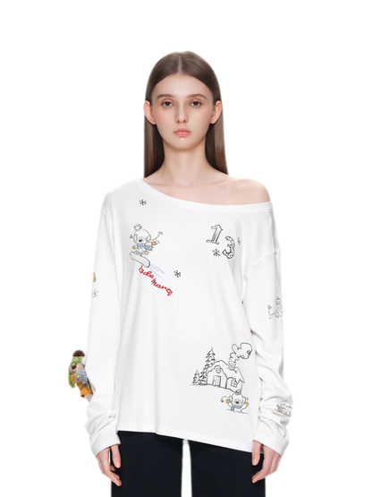 Graphic Off-Shoulder Long-Sleeve T-Shirt