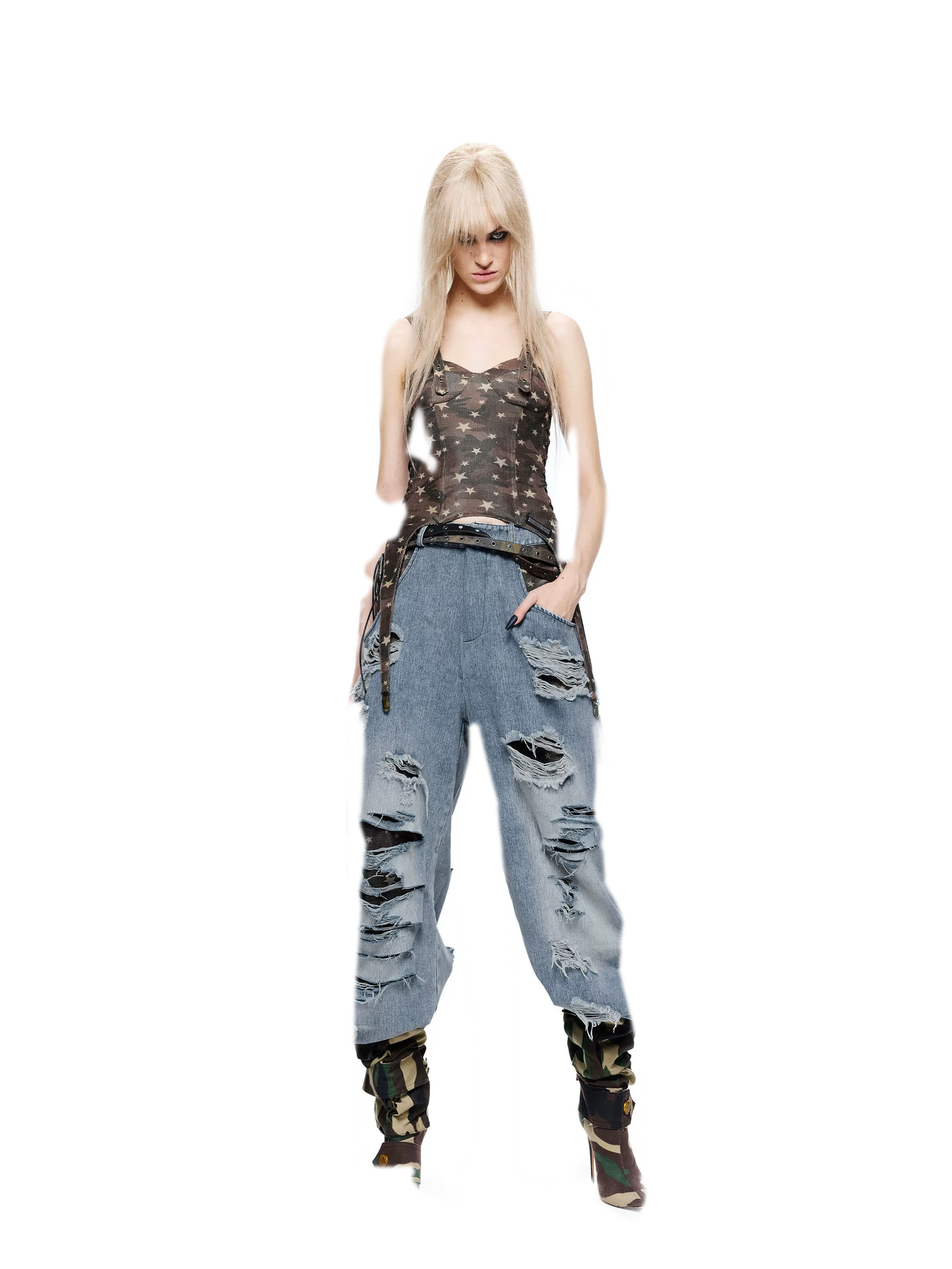 Patchwork Distressed Straight-Leg Jeans