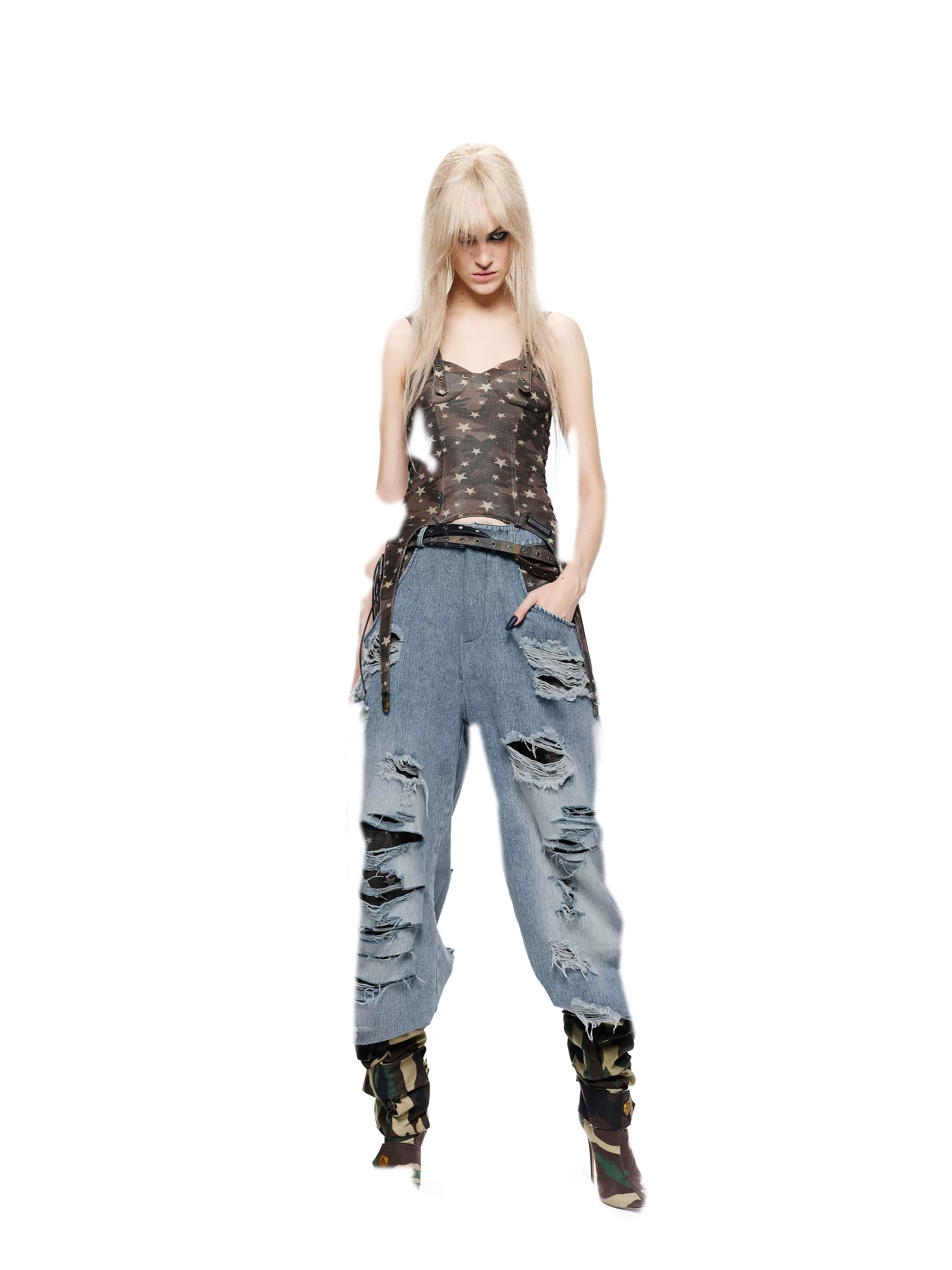 Patchwork Distressed Straight-Leg Jeans