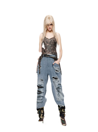 Patchwork Distressed Straight-Leg Jeans