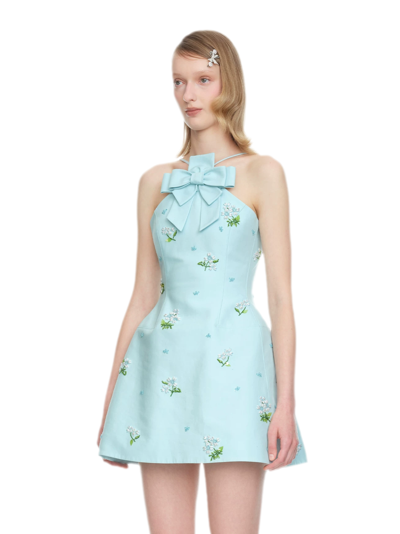 Embroidered Bow Halter Mini Dress