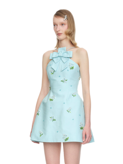 Embroidered Bow Halter Mini Dress