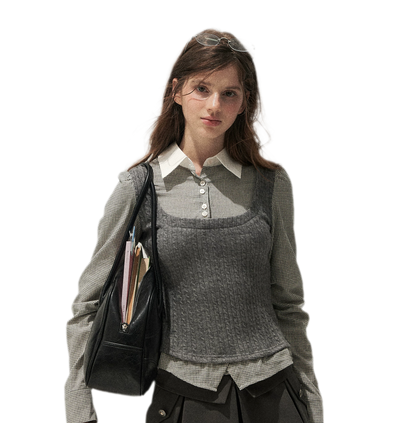Cable-Knit Layered Shirt Vest