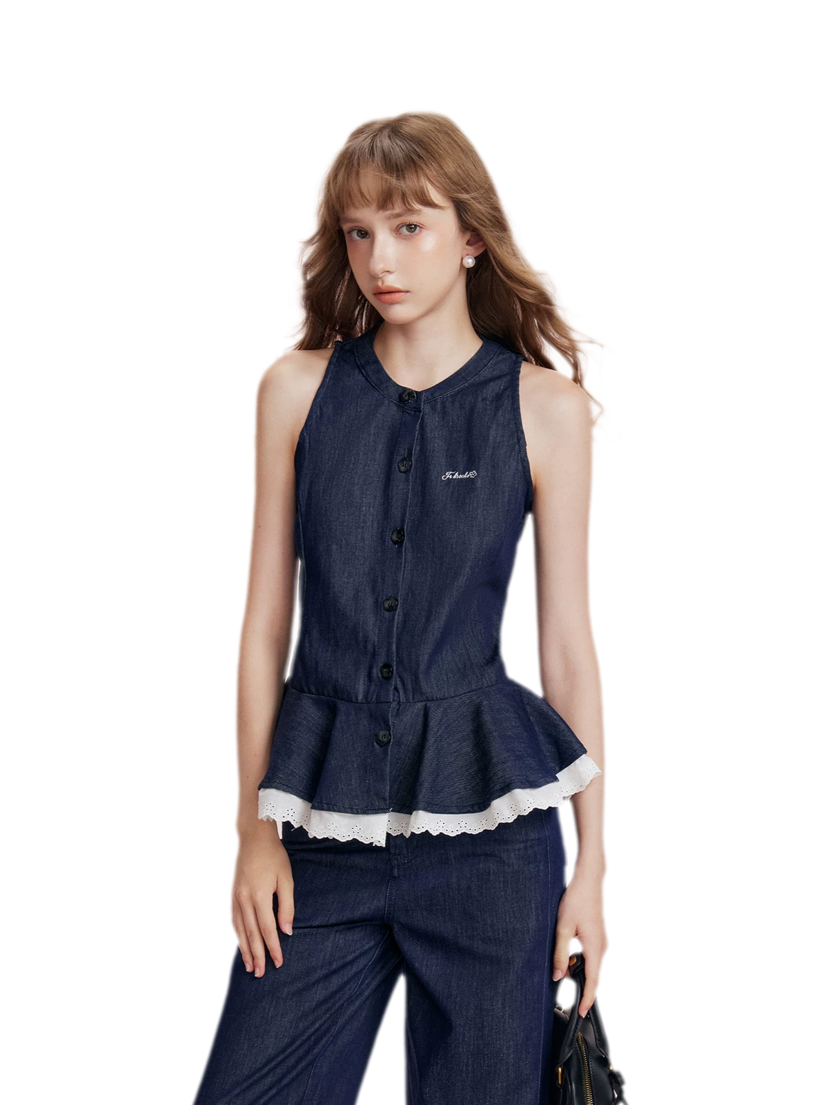 Lace Trim Peplum Denim Set