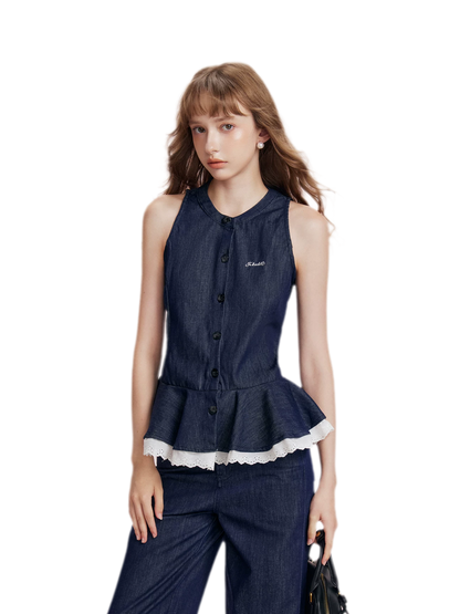 Lace Trim Peplum Denim Set