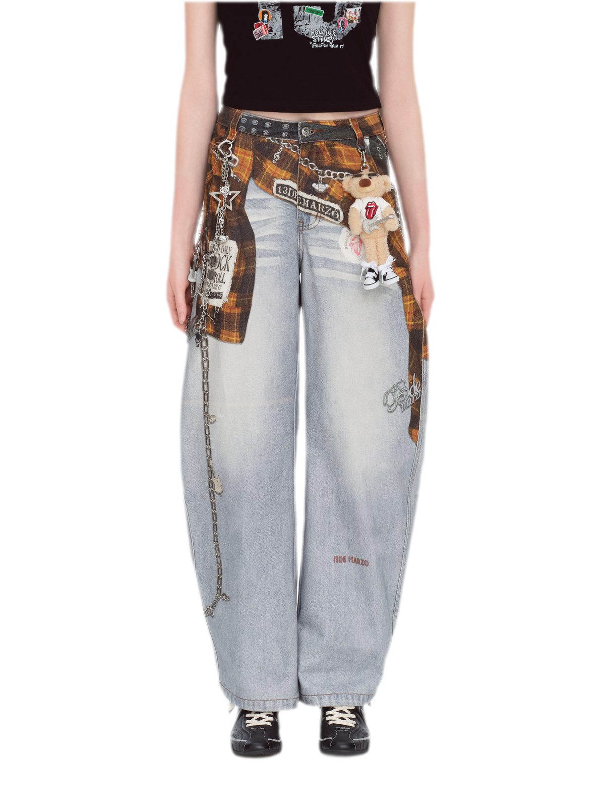 Plaid Panel Graphic Jeans