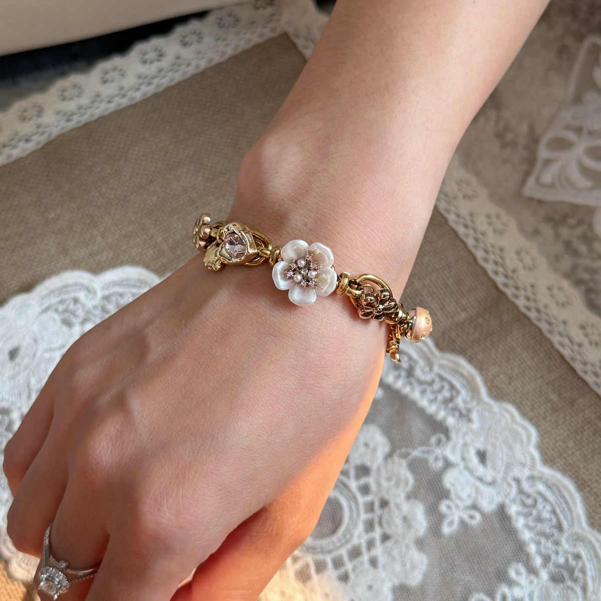 Gold-Pink Heart Charm Bracelet