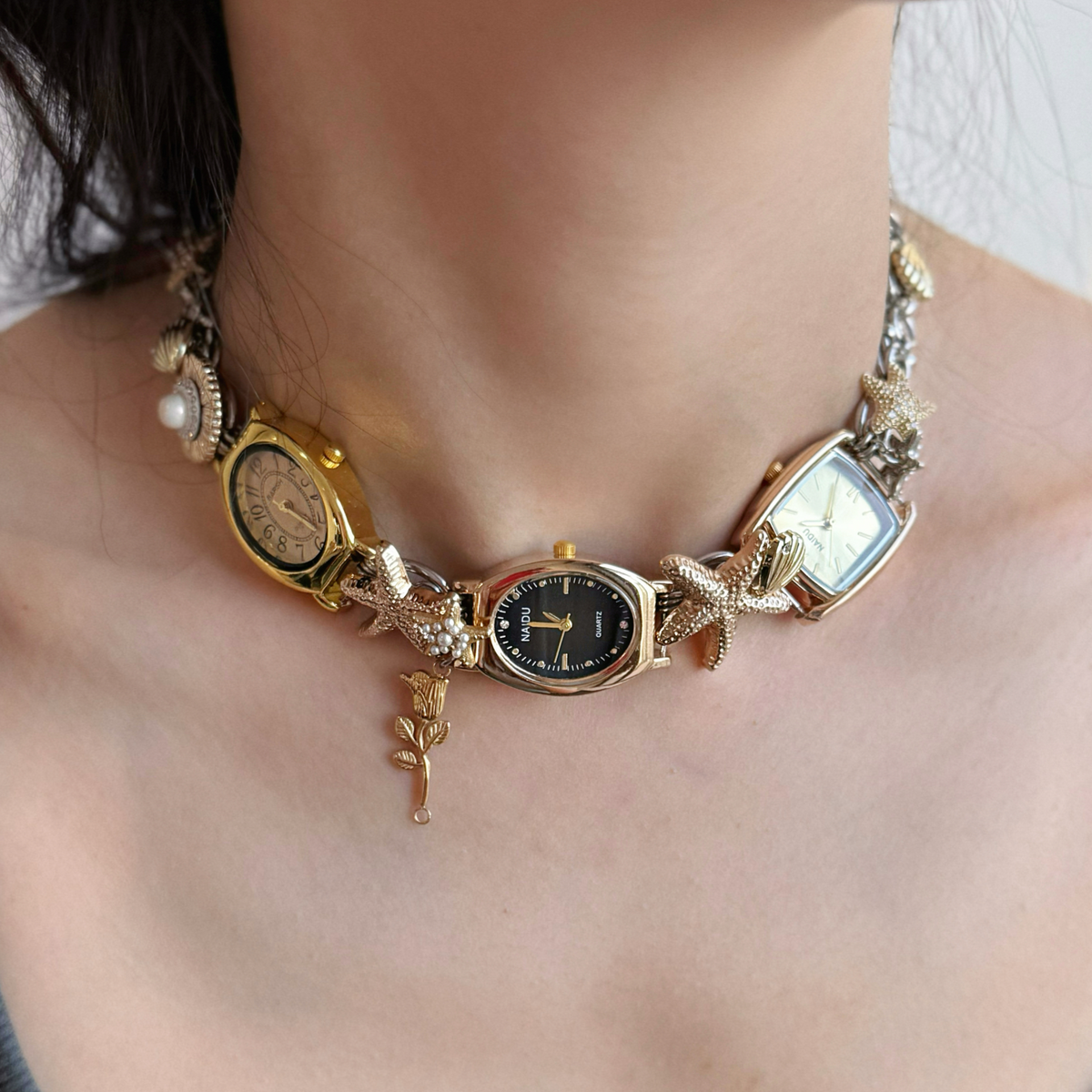 Vintage Watchface Starfish Choker Necklace