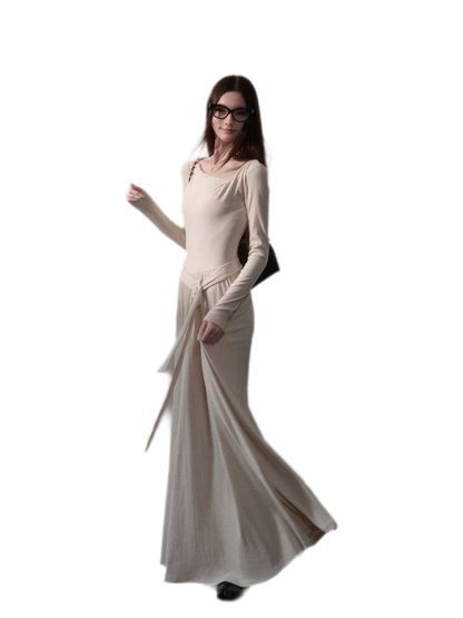 Robe longue côtelée à ruban