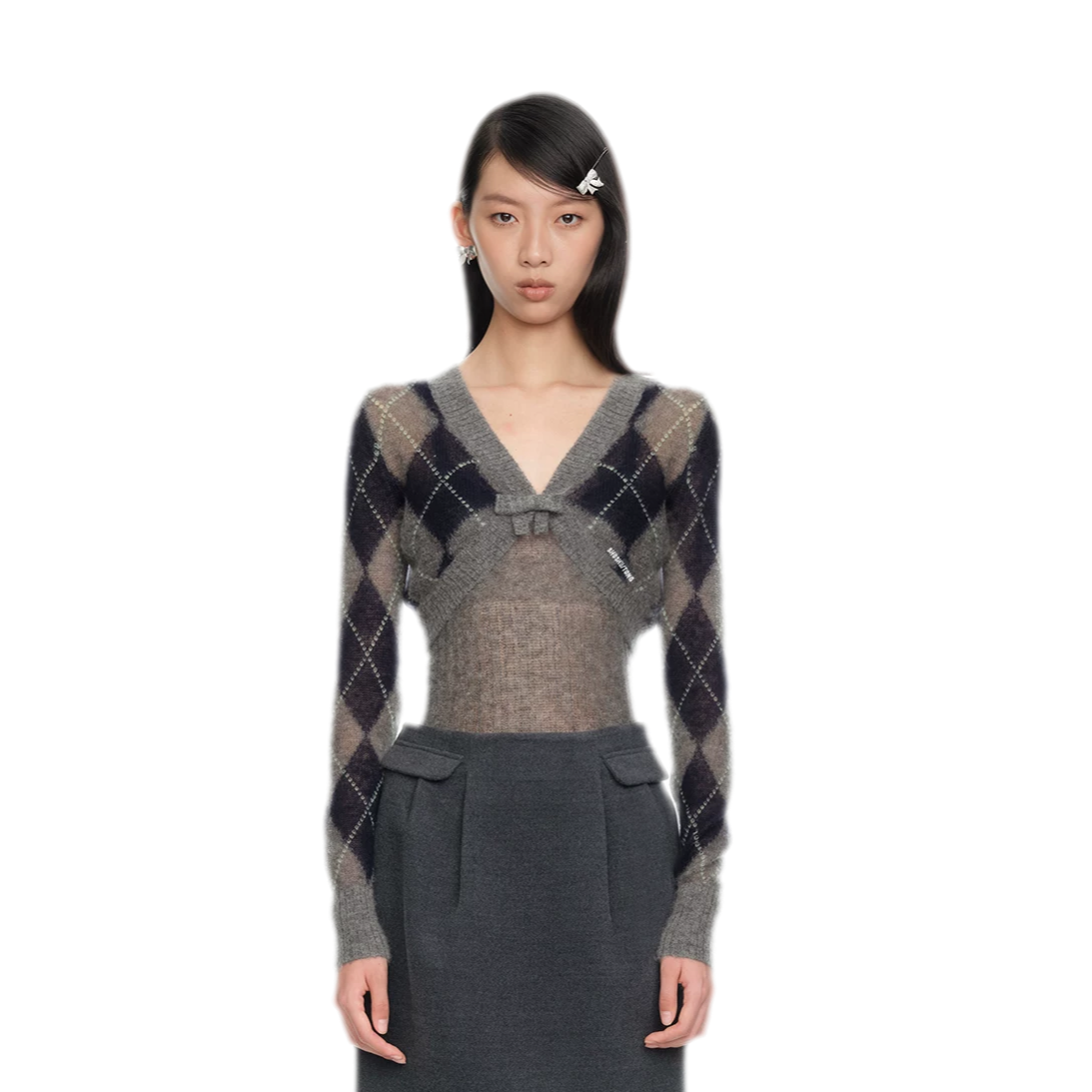 Flauschige Argyle-Strickjacke in verkürzter Länge