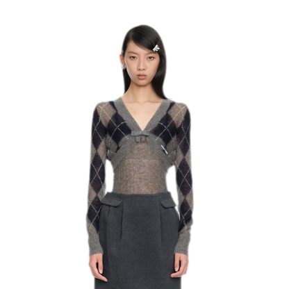 Flauschige Argyle-Strickjacke in verkürzter Länge