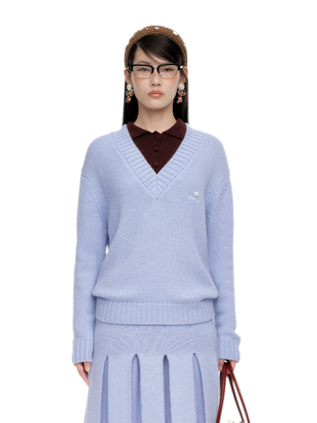 Maglione in lana a coste con scollo a V