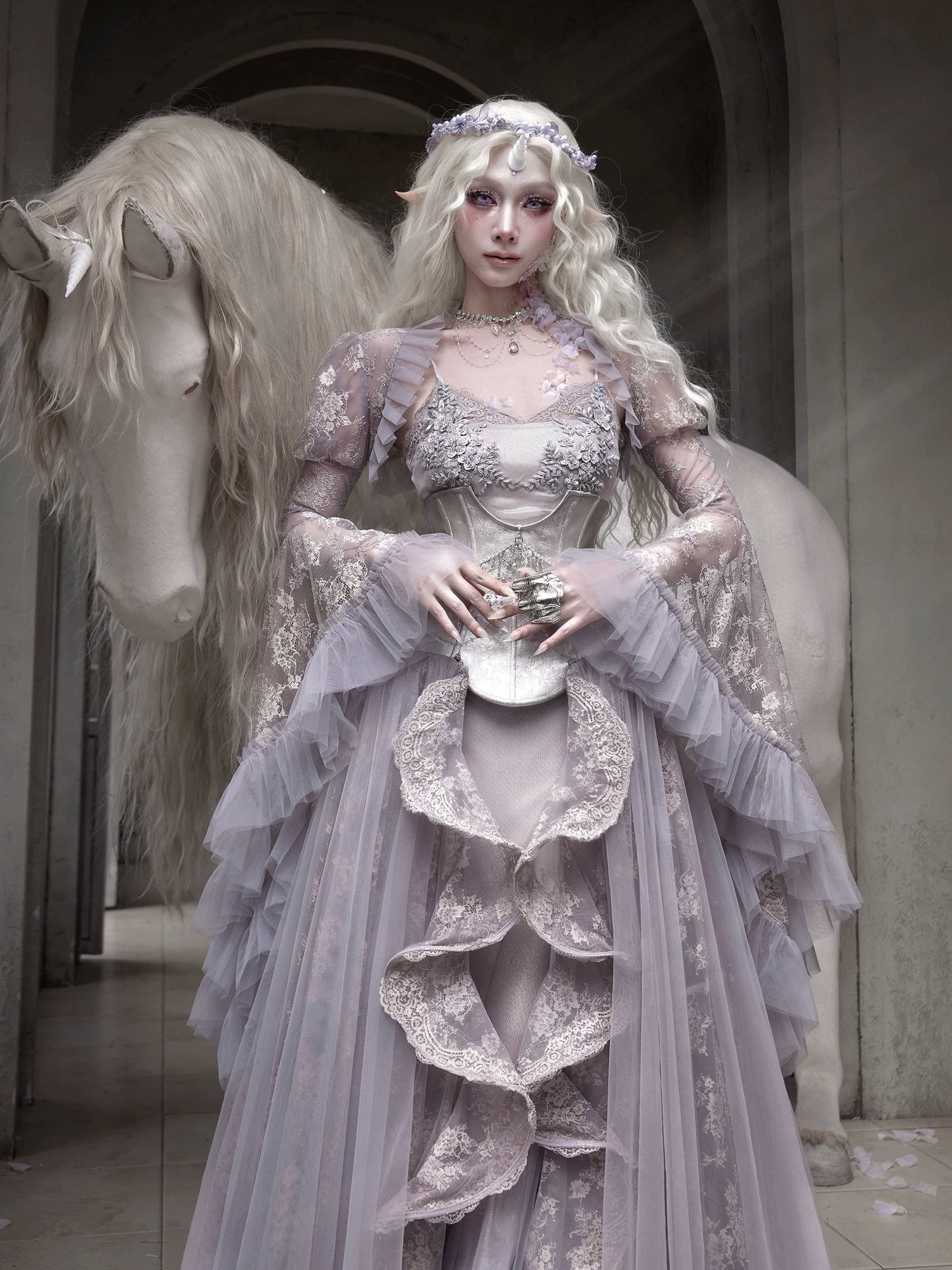 Sheer Lace Puff-Sleeve Capelet