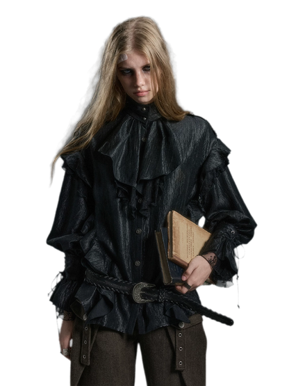 Blouse met textuur, ruches en hoge hals
