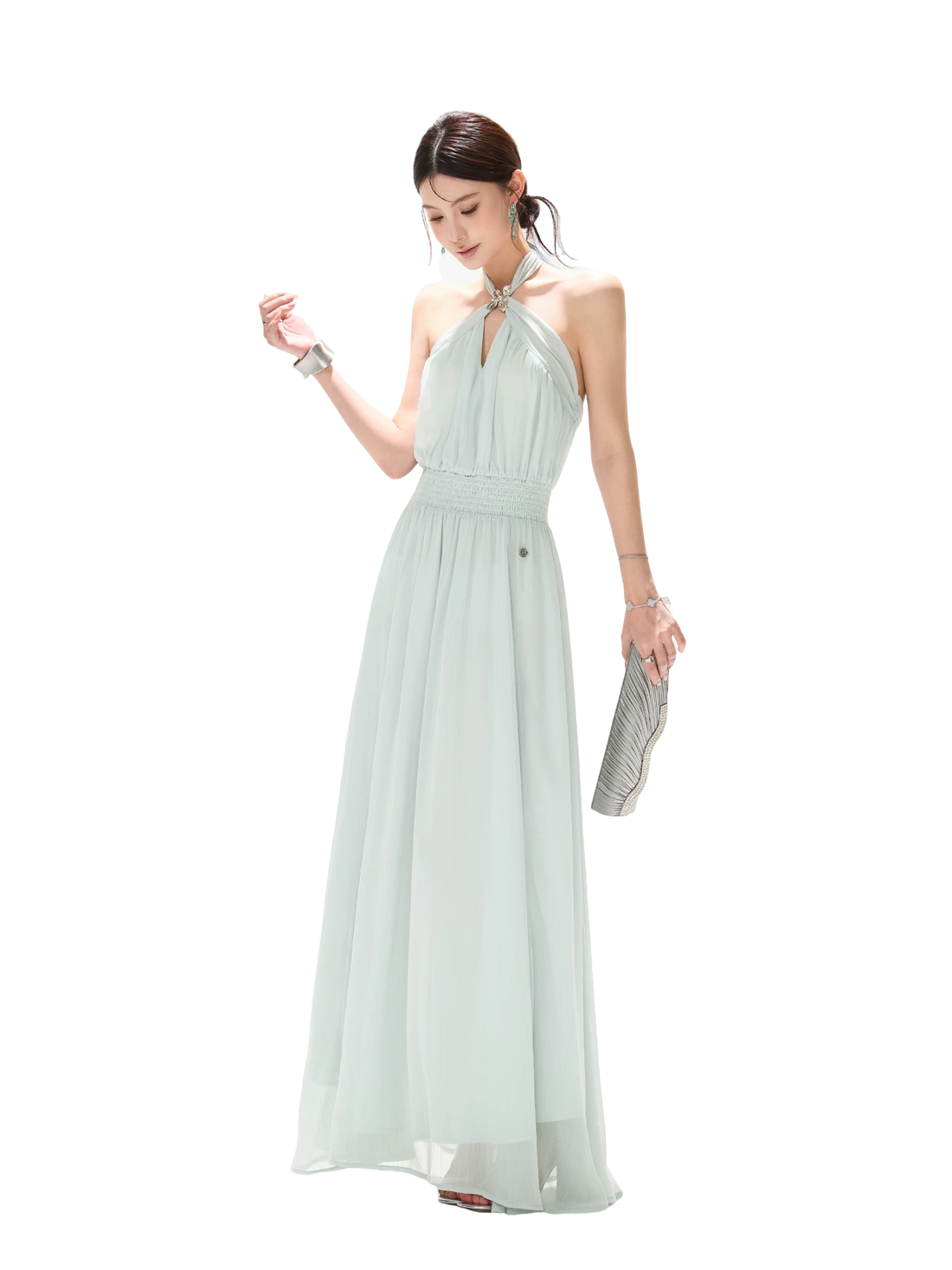 Misty Blue Halter Neck Chiffon Long Dress