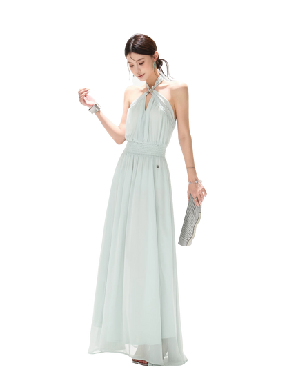 Misty Blue Halter Neck Chiffon Long Dress