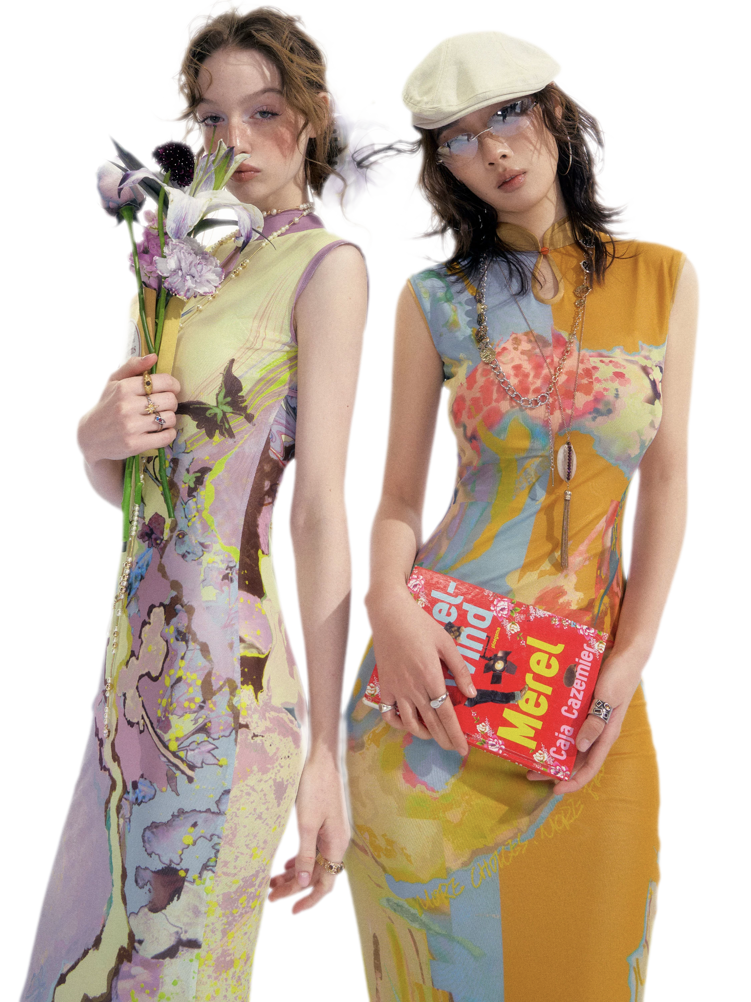 Roman Poem Printed Sleeveless Qipao Dress