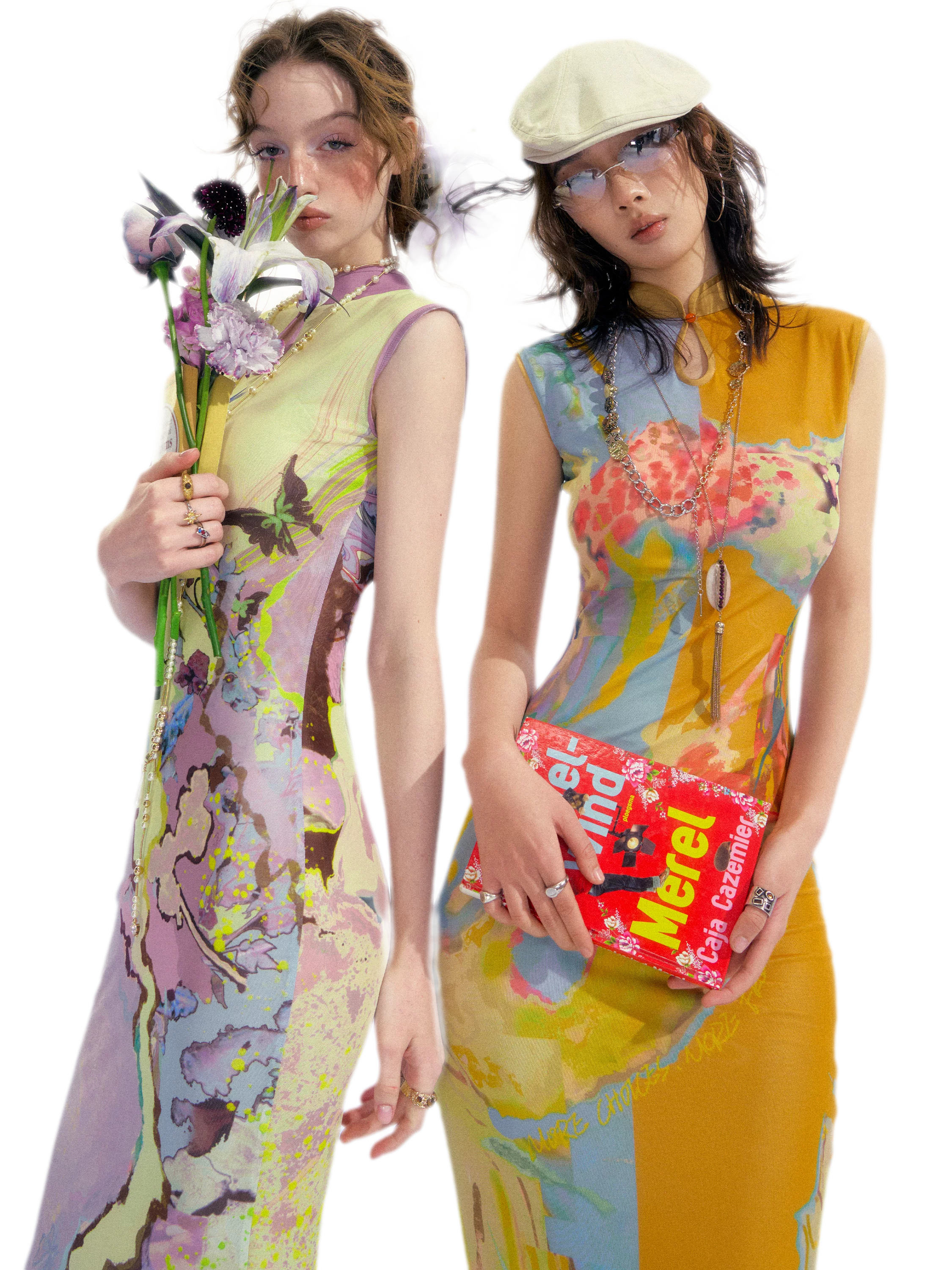 Roman Poem Printed Sleeveless Qipao Dress