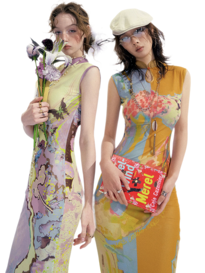 Roman Poem Printed Sleeveless Qipao Dress