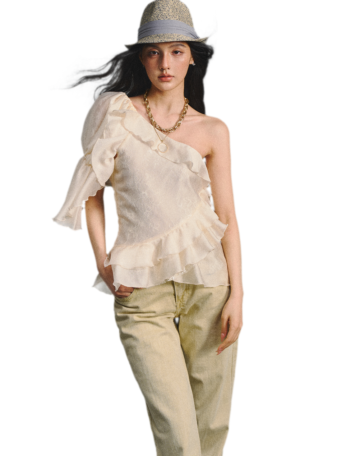 Vintage Romantic Lace Ruffled Asymmetric Top
