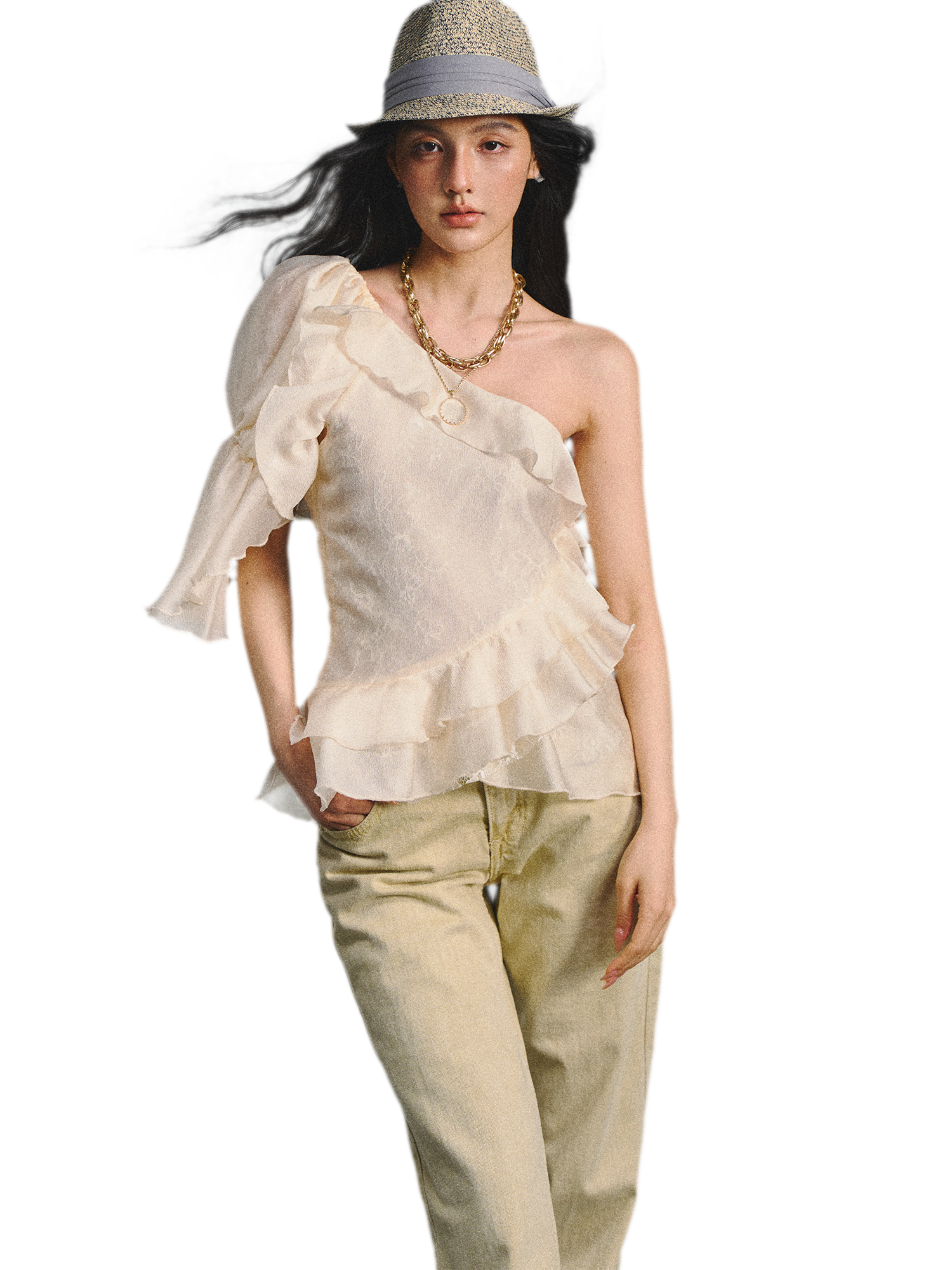 Vintage Romantic Lace Ruffled Asymmetric Top