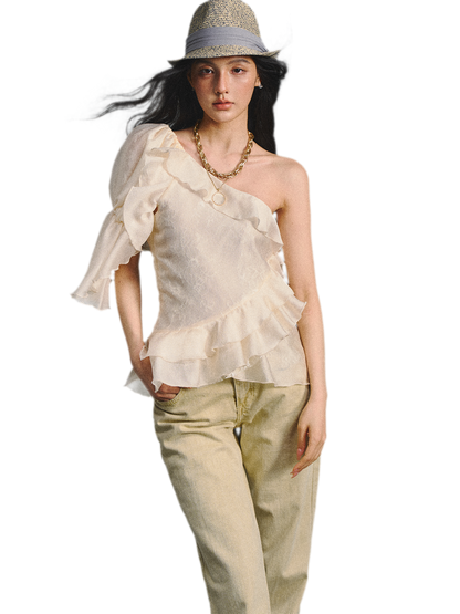 Vintage Romantic Lace Ruffled Asymmetric Top