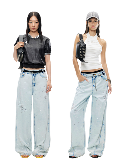 Shimmering Distressed Wide-Leg Jeans