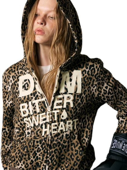 Distressed Leopard Zip Hoodie