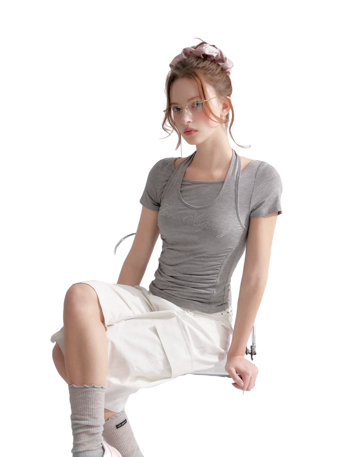 Lyocell Rhinestone Pleated Short Sleeve T-Shirt