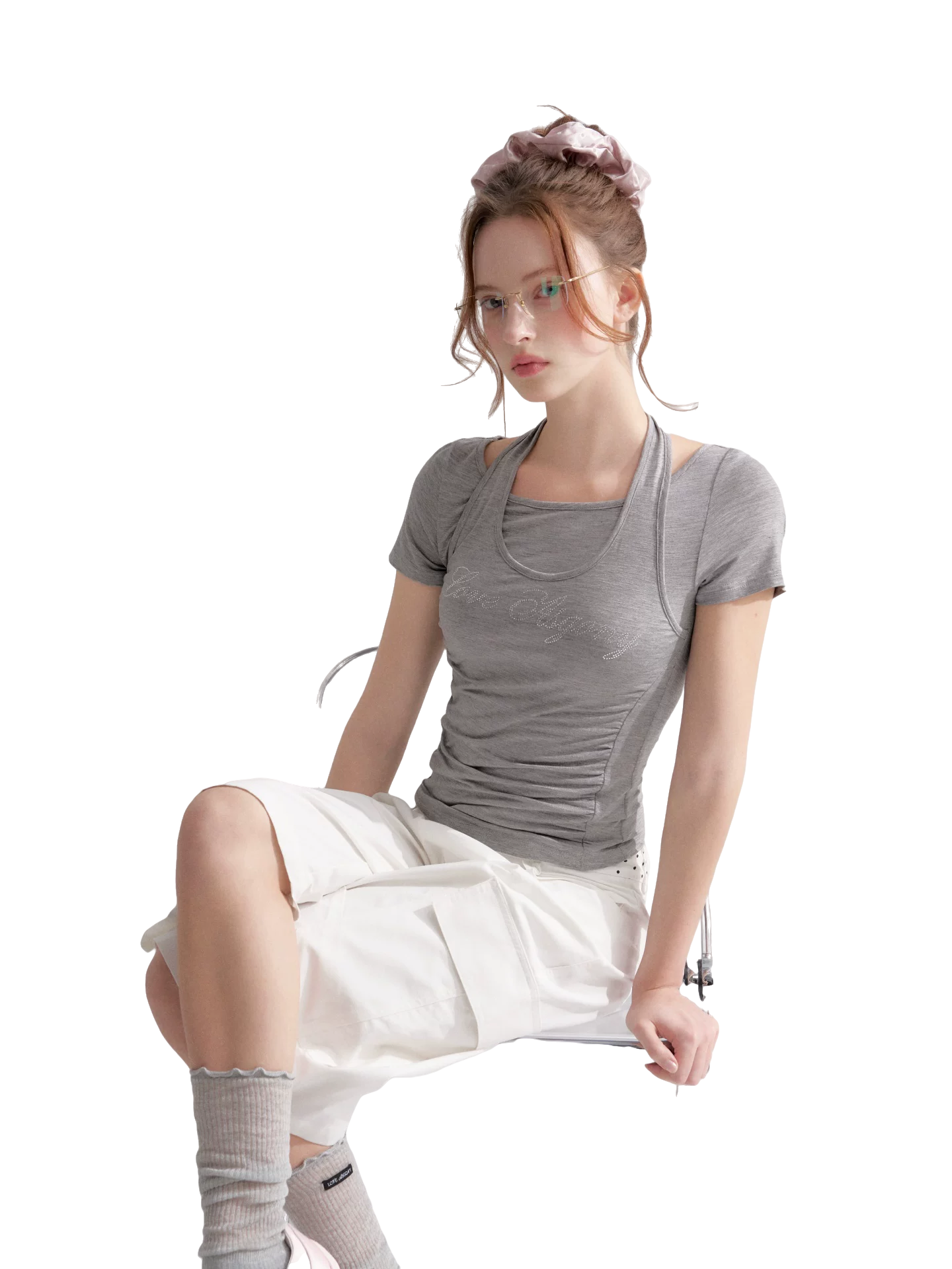 Lyocell Rhinestone Pleated Short Sleeve T-Shirt