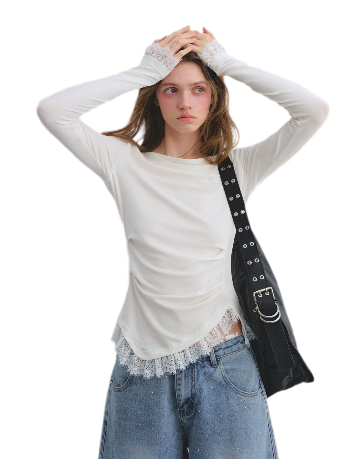 Lace Panel Ruched Hem Top