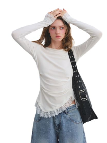Lace Panel Ruched Hem Top