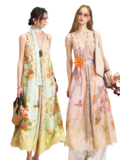 Peach Branch Print Metallic Chiffon Dress