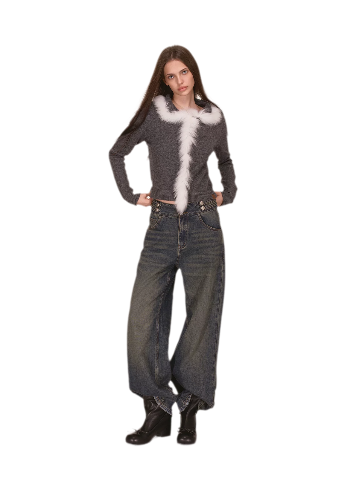 Quần jeans ống rộng giặt bạc chải xước