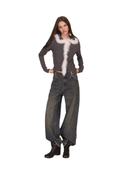 Quần jeans ống rộng giặt bạc chải xước