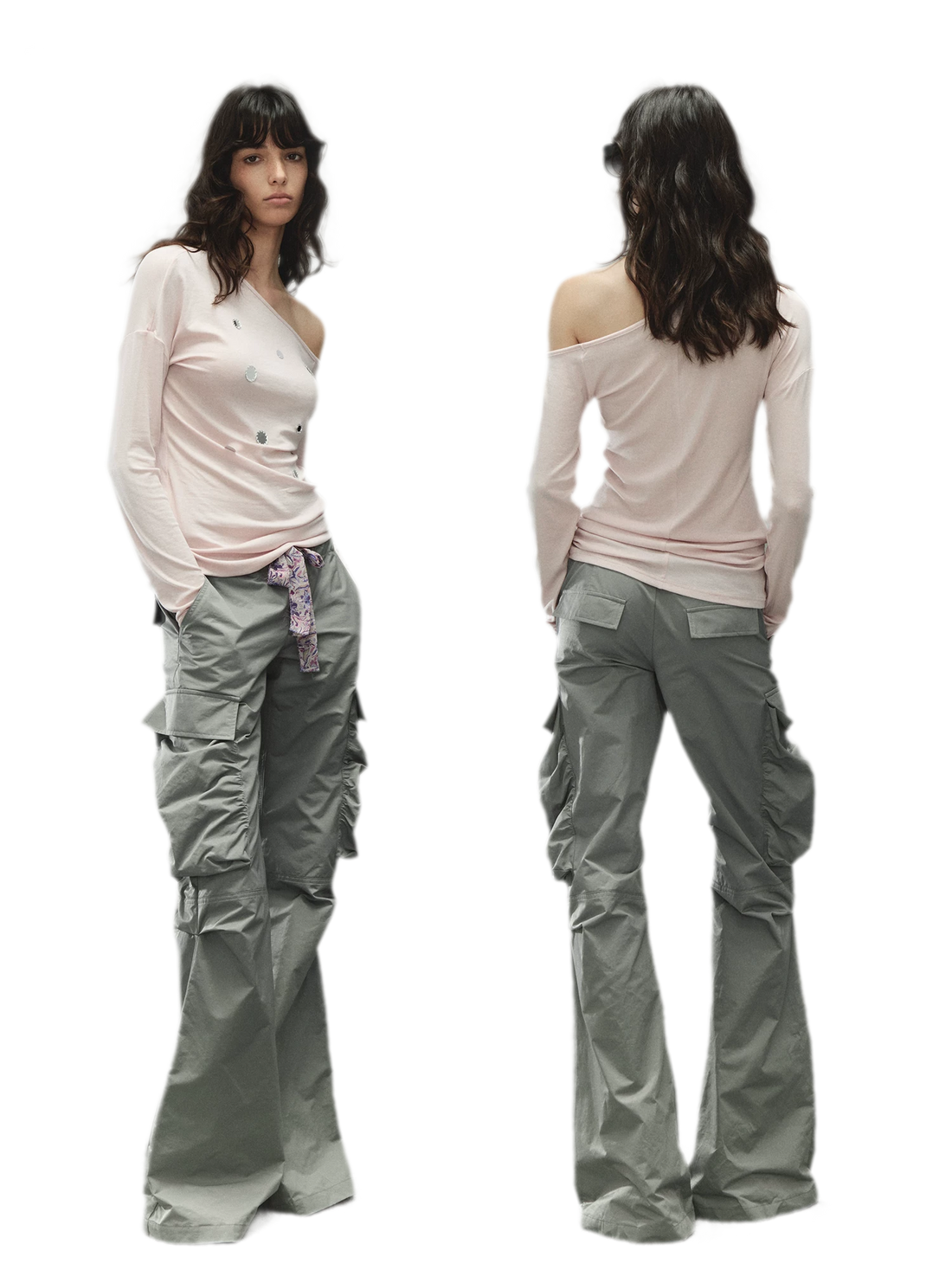 Printed Waistband Drawstring Multi-Pocket Low-Waist Cargo Pants