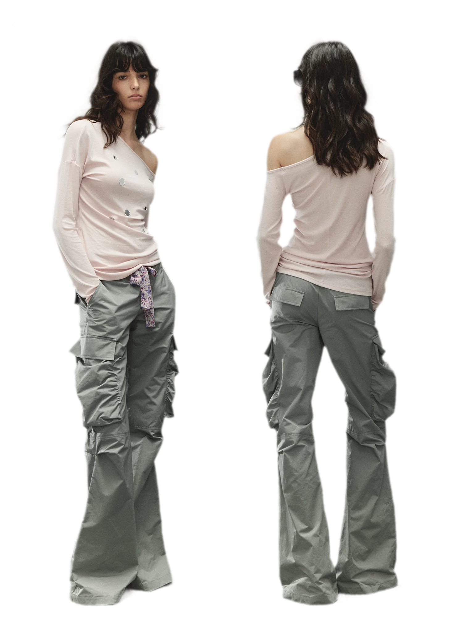 Printed Waistband Drawstring Multi-Pocket Low-Waist Cargo Pants