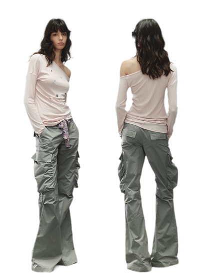 Printed Waistband Drawstring Multi-Pocket Low-Waist Cargo Pants