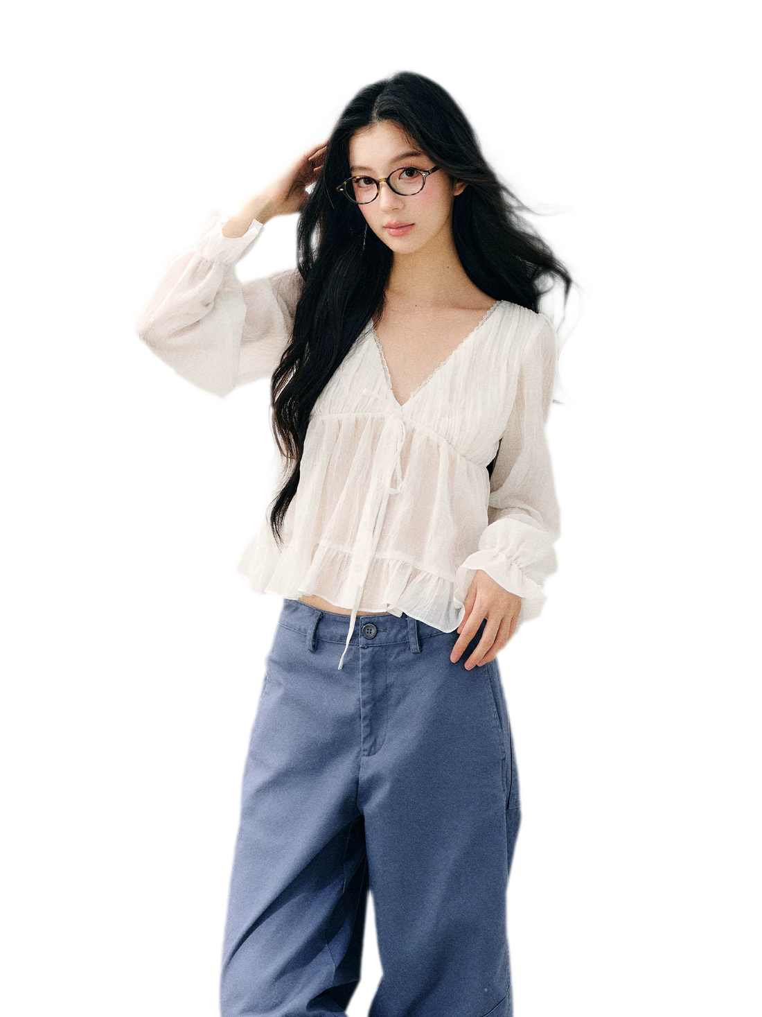 7SHIFTIN V-Neck Ruffle Chiffon Blouse – view 2