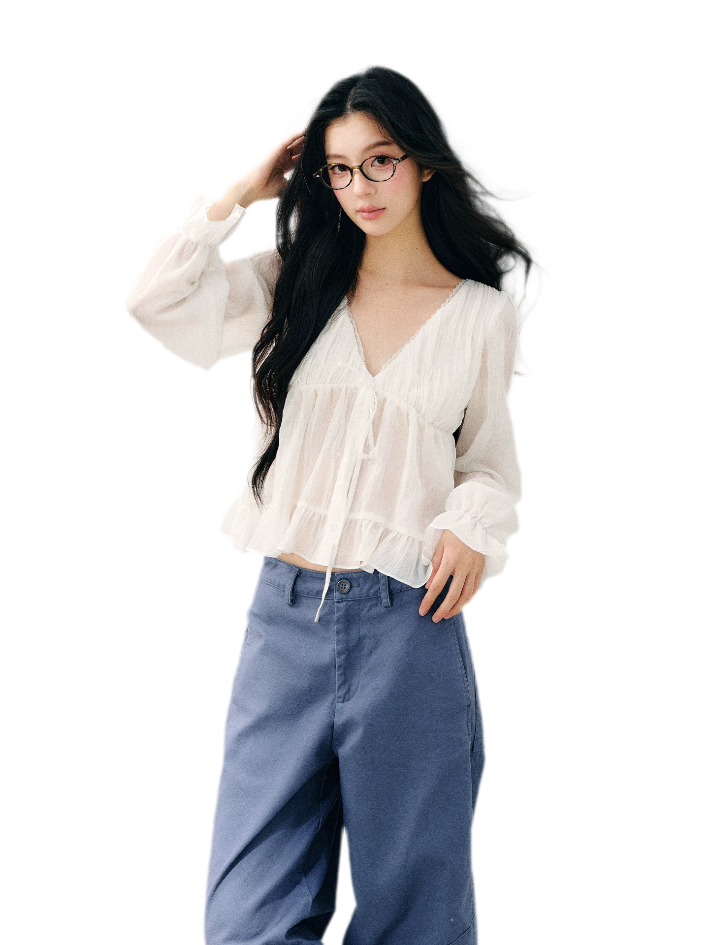 V-Neck Ruffle Chiffon Blouse