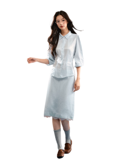 Linen Bubble Sleeve Top Skirt