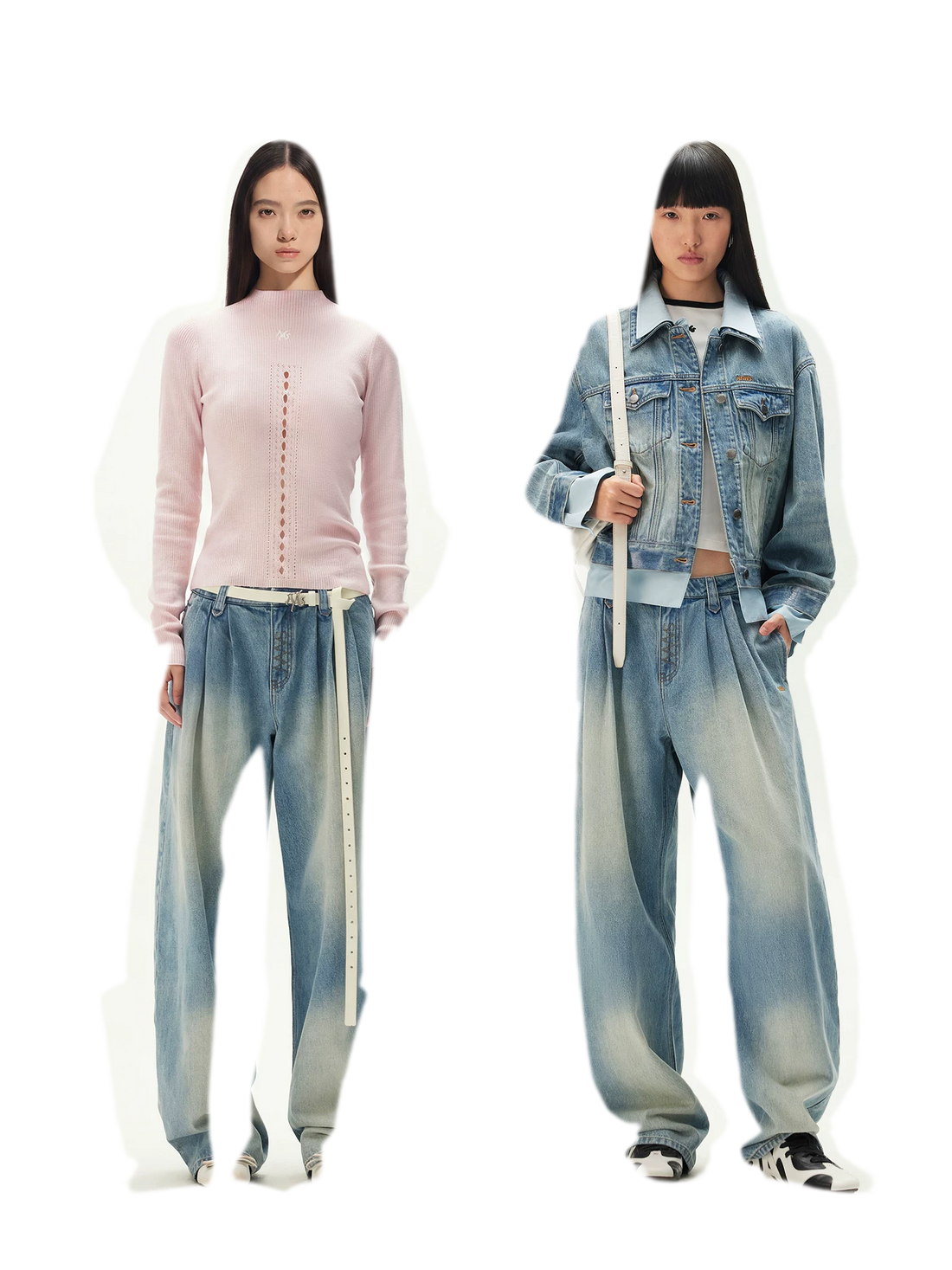 Washed Pleated Wide-Leg Jeans