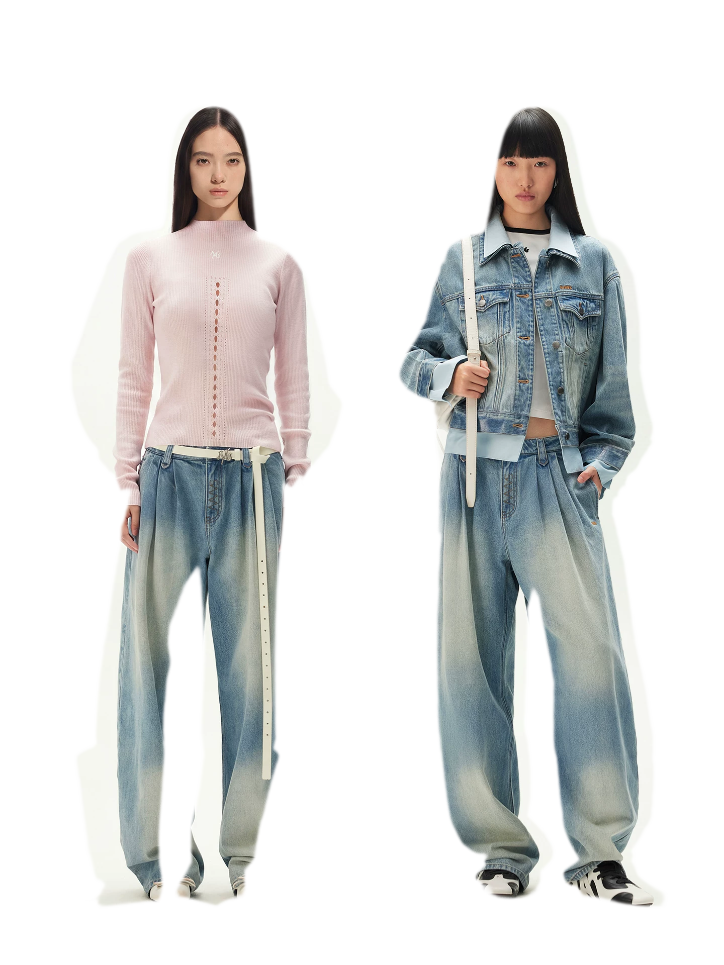 Washed Pleated Wide-Leg Jeans