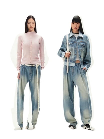 Washed Pleated Wide-Leg Jeans