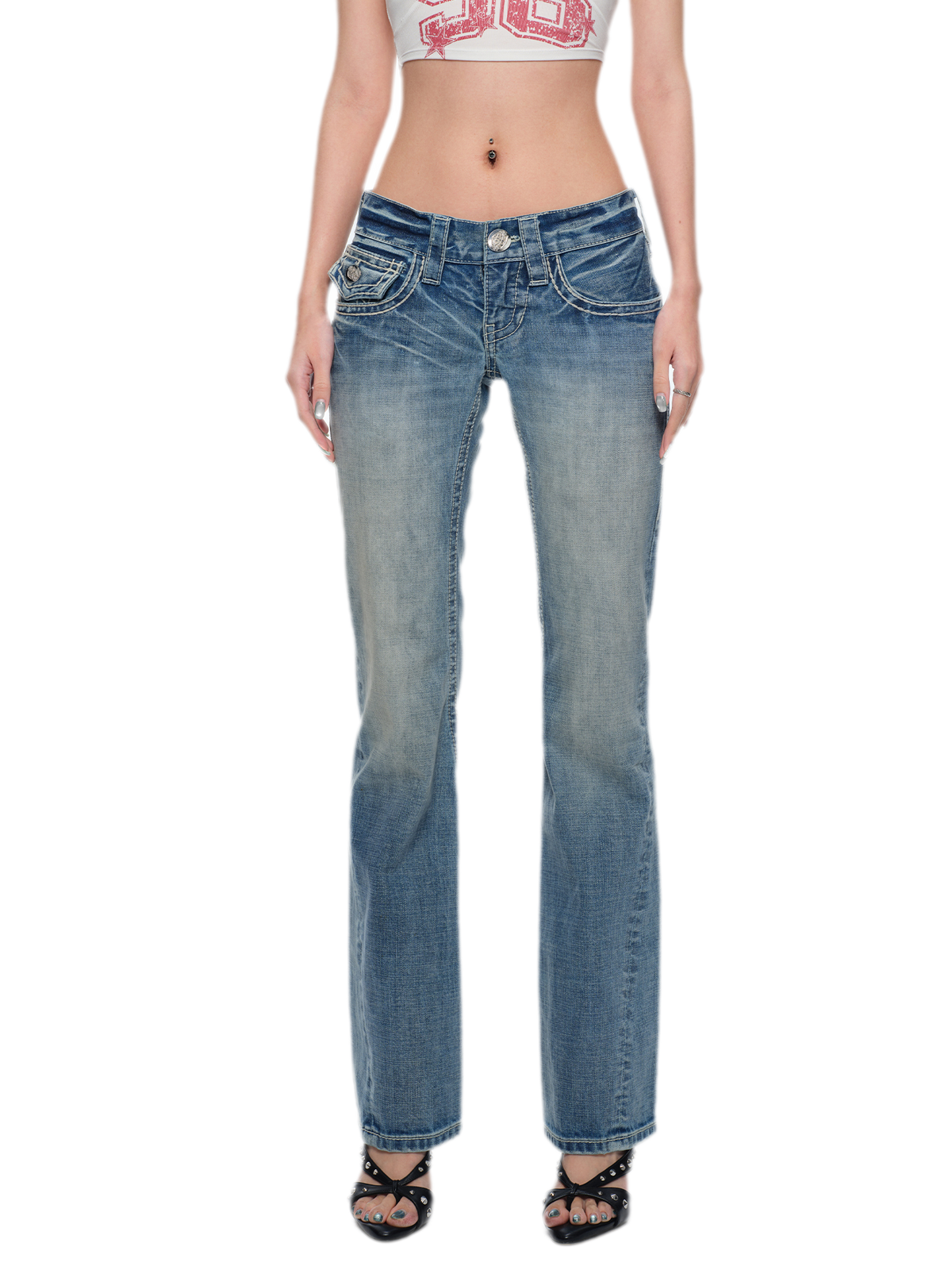 Washed Low-Rise Flared Jeans