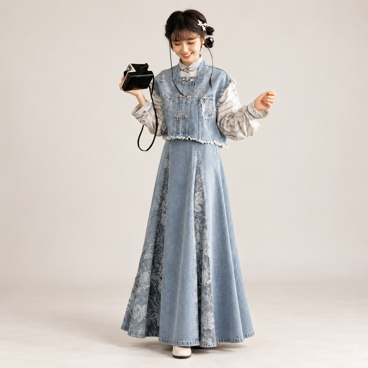 锦蓝 Brocade Blue Embroidered Vest Pleated